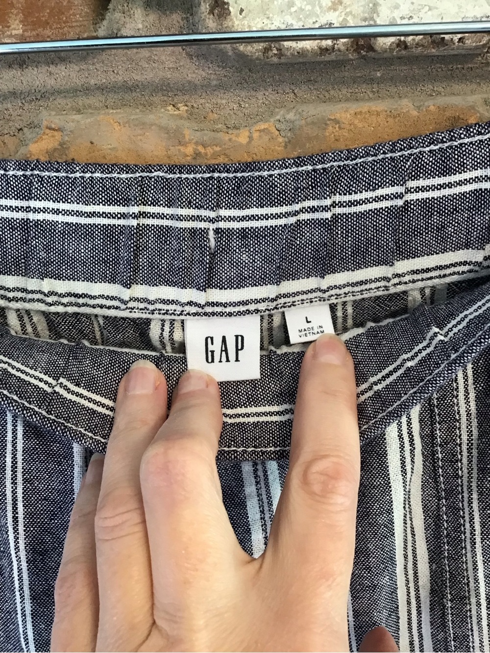 GAP Women’s Navy White Linen Vertical Stripe Drawstring Wide Leg Pants L - Picture 4 of 5